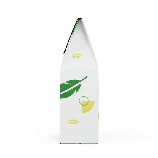 White product packaging with green leaf and yellow accents on a white background
