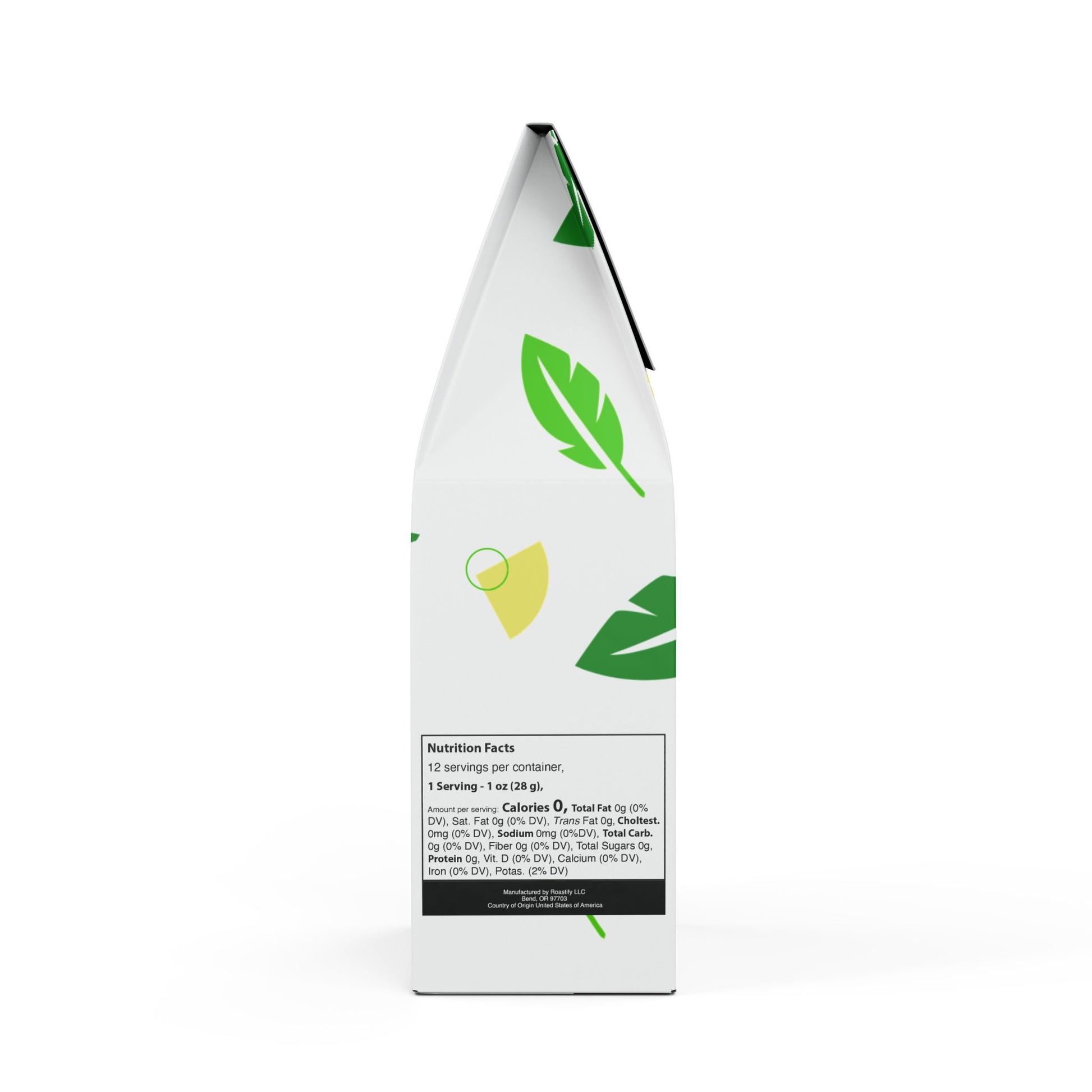 Product packaging with green leaf graphics on a white background