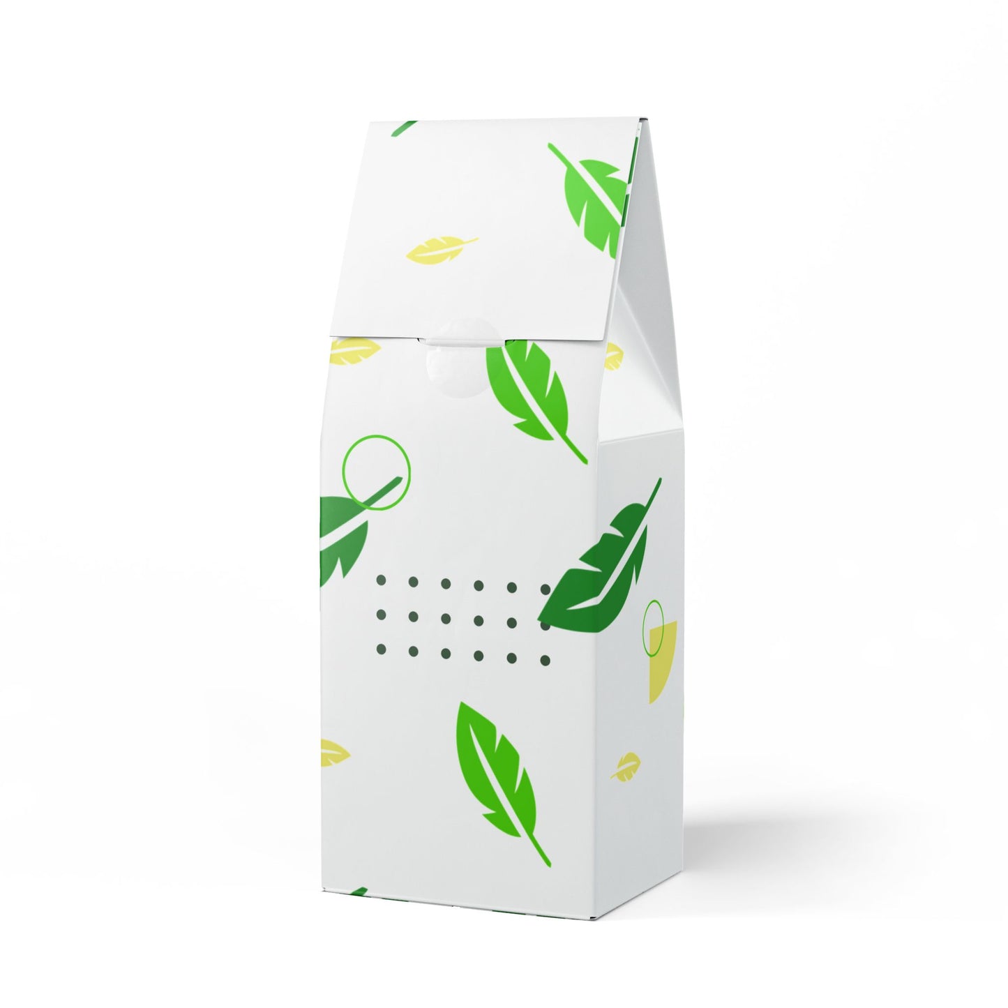 White coffee box with green leaf patterns on a white background